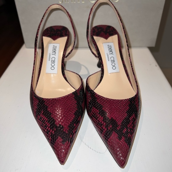 Jimmy Choo Fetto 65 Bordeaux Snake Printed Tortol Leather kitten heels - Picture 2 of 7